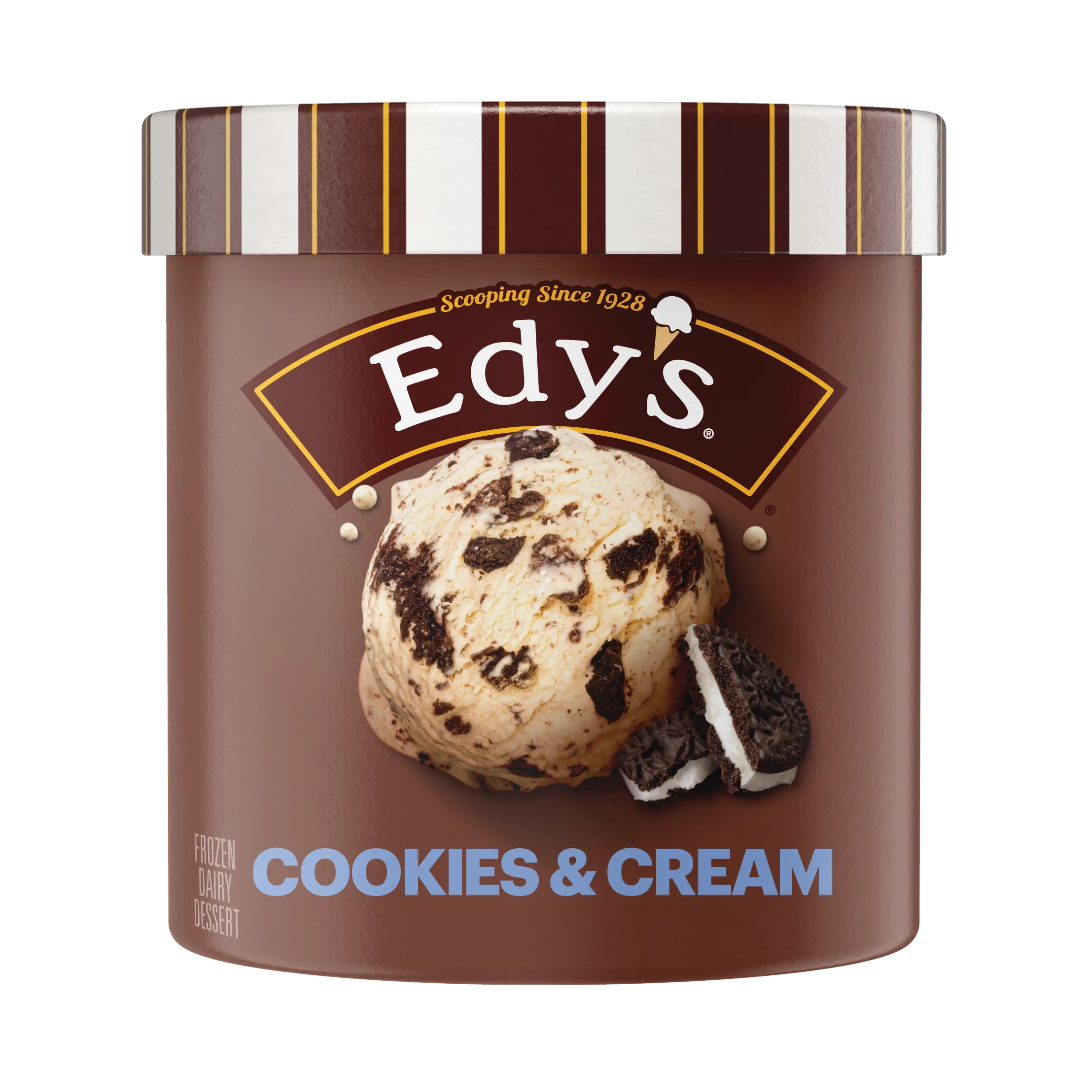 Edy's 48 oz tub of classic Cookies and Cream frozen dairy dessert.