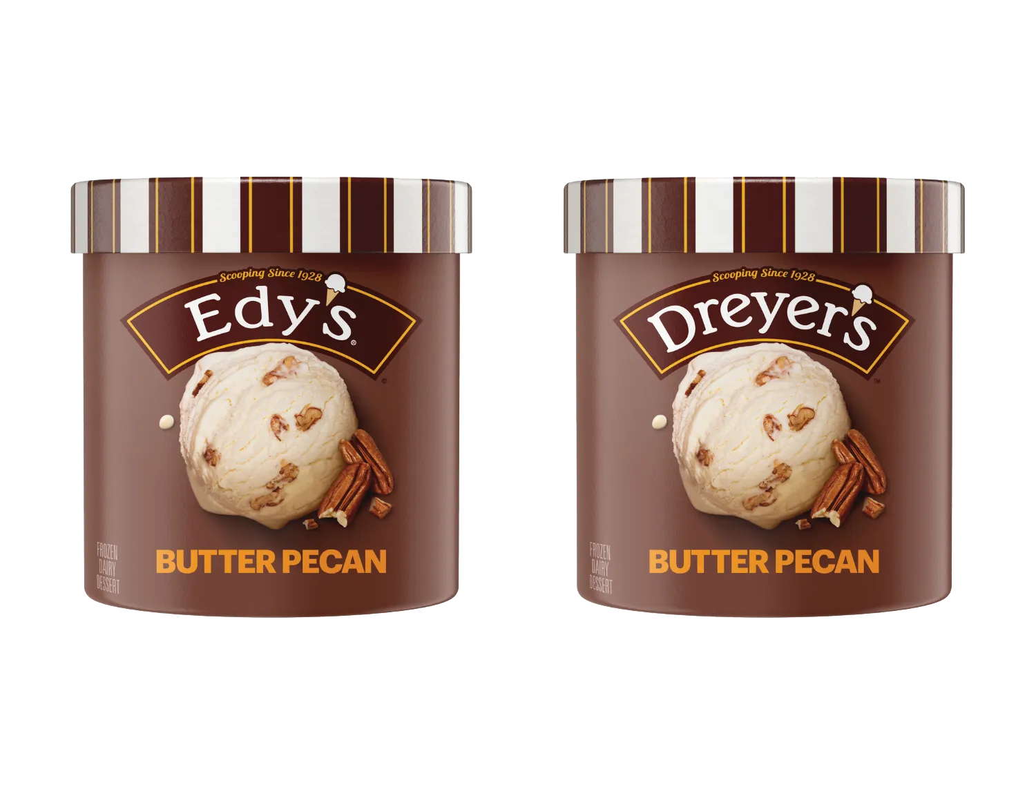 Edy's and Dreyer's 48 oz tubs of Butter Pecan Frozen Dairy Dessert.