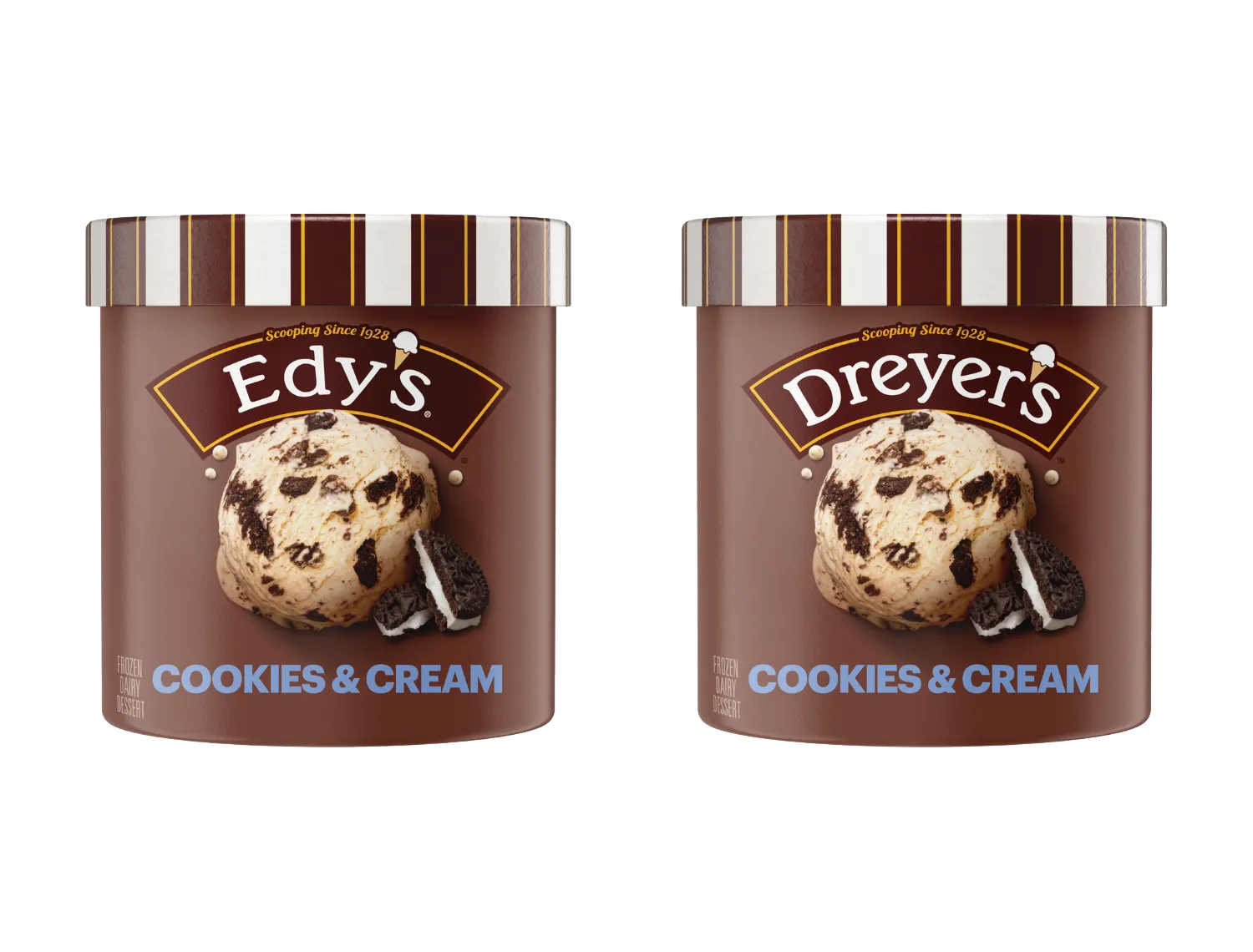 Edy's and Dreyer's 48 oz tubs of classic Cookies and Cream frozen dairy dessert.