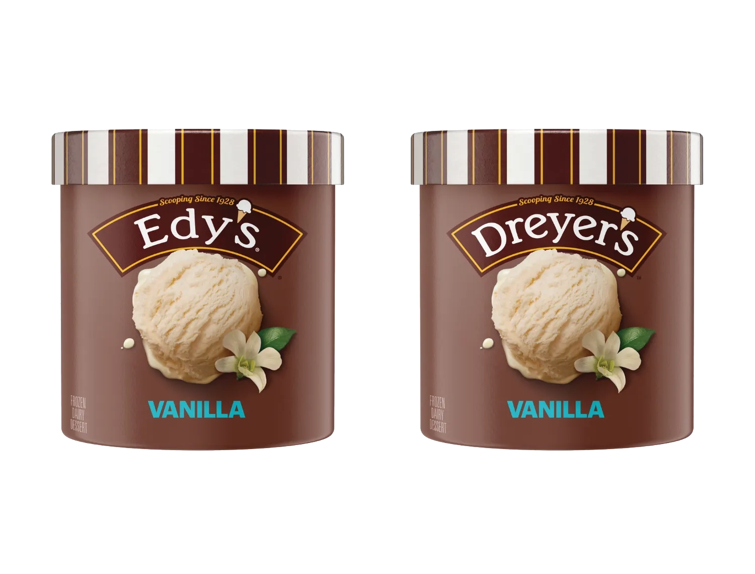 48 Ounce tubs of Edy's and Dreyer's Vanilla frozen dairy dessert.