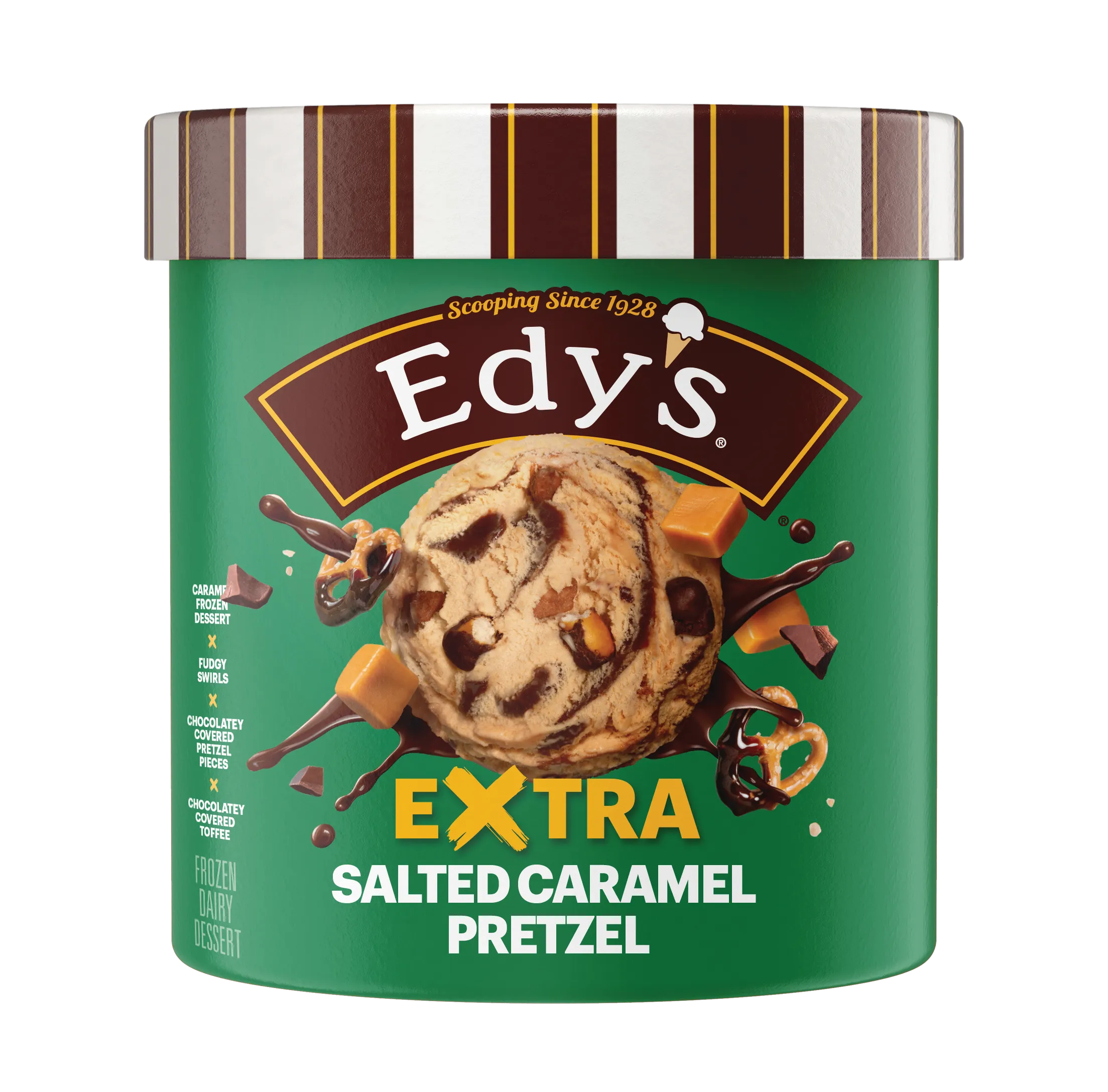 48 Ounce tub of Edy's Salted Caramel Pretzel frozen dairy dessert.