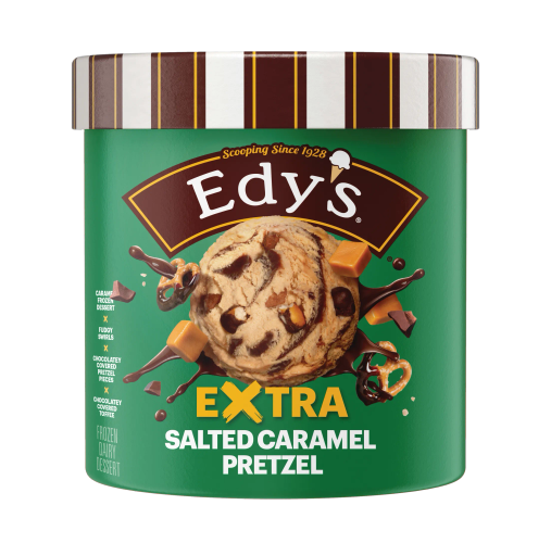 48 Ounce tub of Edy's Salted Caramel Pretzel frozen dairy dessert.