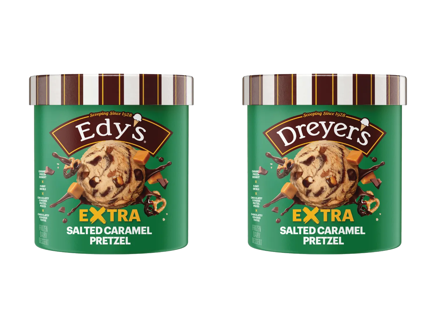 48 Ounce tubs of Edy's and Dreyer's Salted Caramel Pretzel frozen dairy dessert.