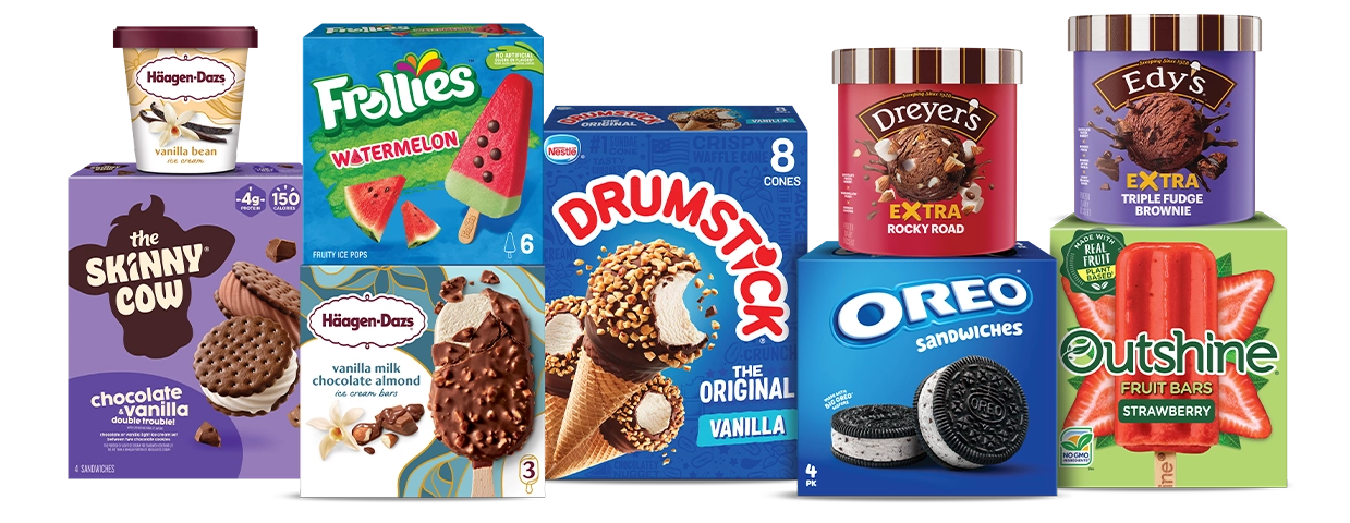 Various Dreyers Grand Ice Cream products arranged neatly. 