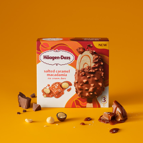 BAR Salted Caramel Macadamia Bar Our iconic sweet cream ice cream is swirled with gooey salted caramel sauce and dipped in milk chocolate with creamy, buttery macadamia nut pieces. Sweet & salty, with a touch of crunch.