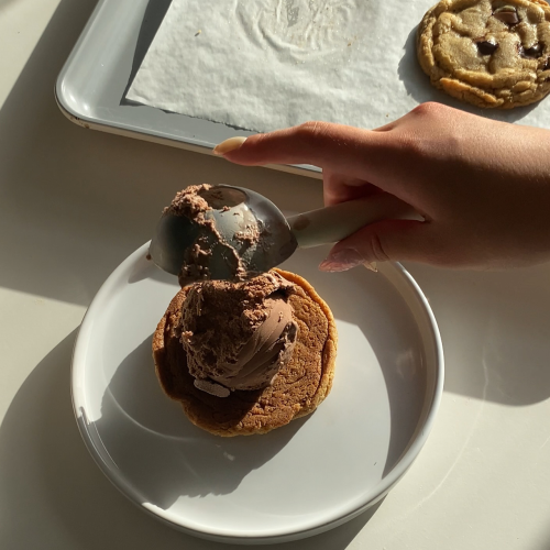 A scoop of Haagen Dazs chocolate ice cream being placed on a chocolate chip cookie. 