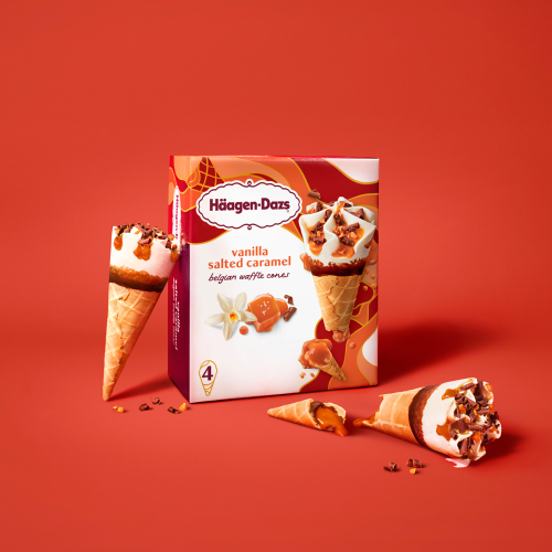 CONE Vanilla Salted Caramel Cone Our crispy Belgian waffle cone pairs perfectly with our velvety Madagascar vanilla ice cream. Topped with salted caramel pieces and milk chocolate curls and finished with a last bite of ooey gooey caramel sauce. It's a taste and texture love affair, made just for you.