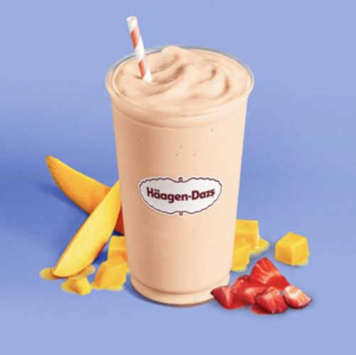 Strawberry Mango Smoothie Strawberries and peaches with Mango Sorbet, pineapple juice and Vanilla Ice Cream.