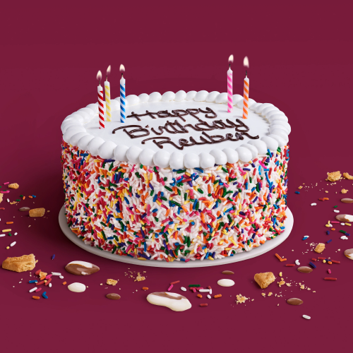 Reuben’s Birthday Cake Vanilla and Chocolate ice creams divided by a layer of sprinkles and crunchy shortbread cookie pieces, finished off with sprinkles and your own special message. A customizable version of Rose’s Birthday Cake.