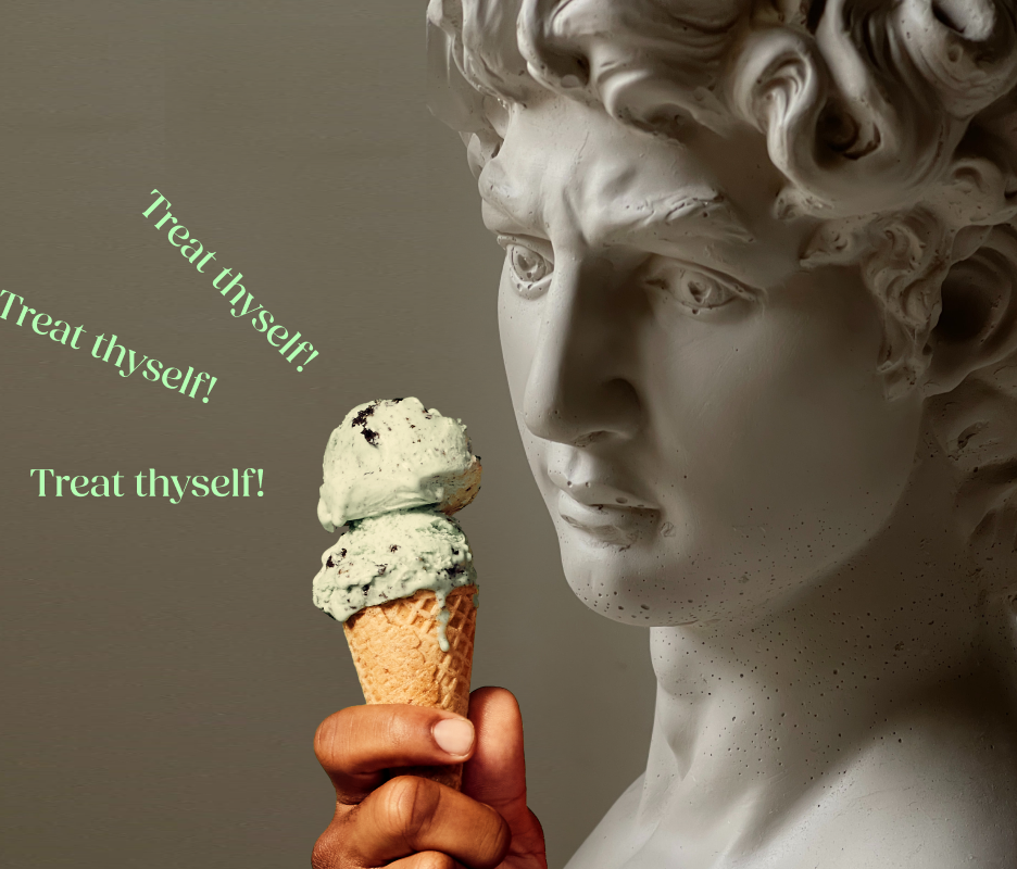 Someone holding up an ice cream cone in front of an ancient sculpture. 