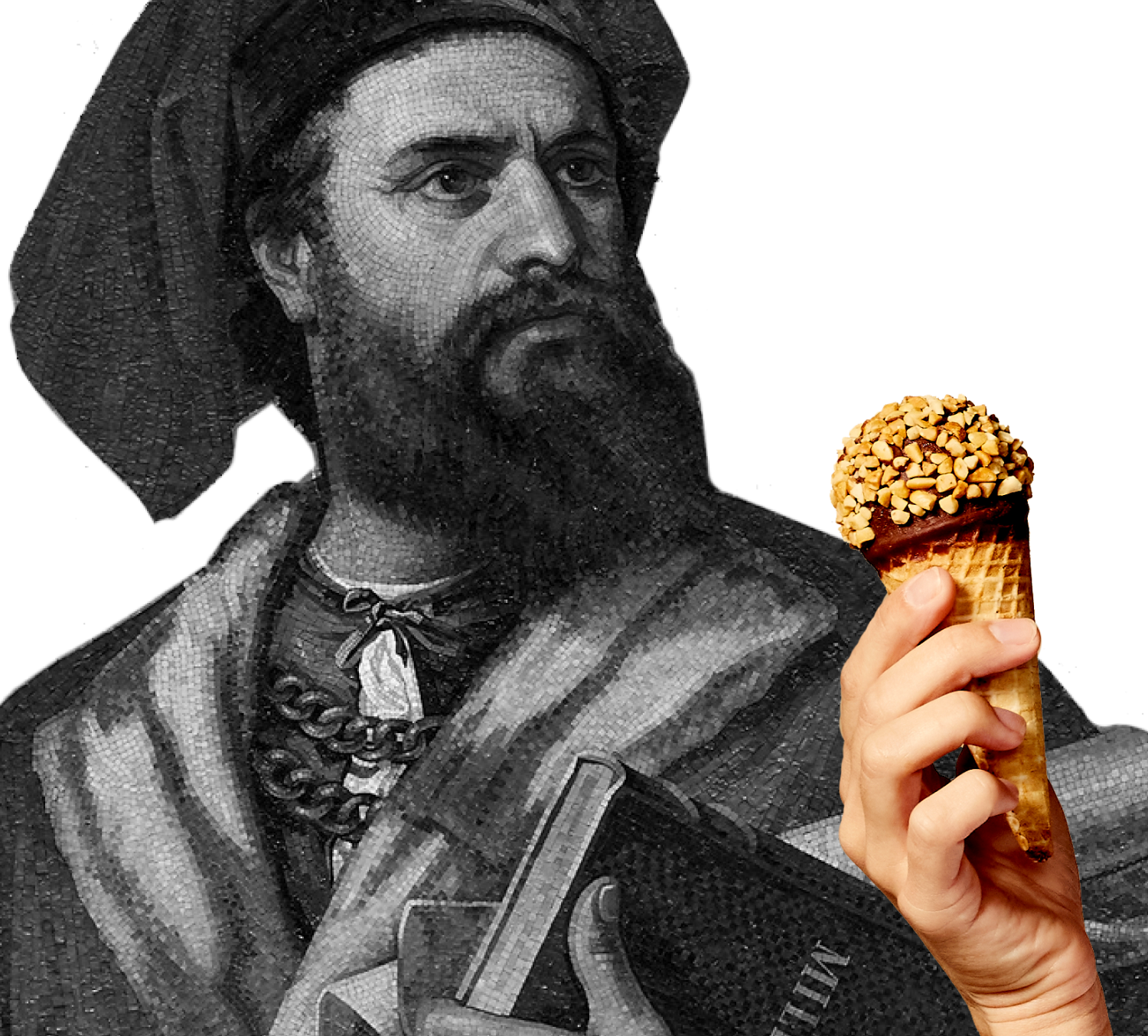 Black and white image of a historical figure, with a Drumstick classic cone. 