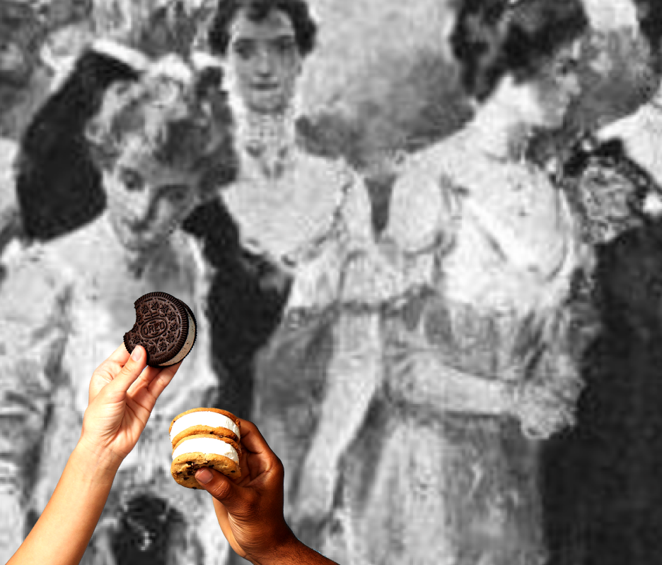 Someone holding up ice cream sandwiches in front of an old painting. 
