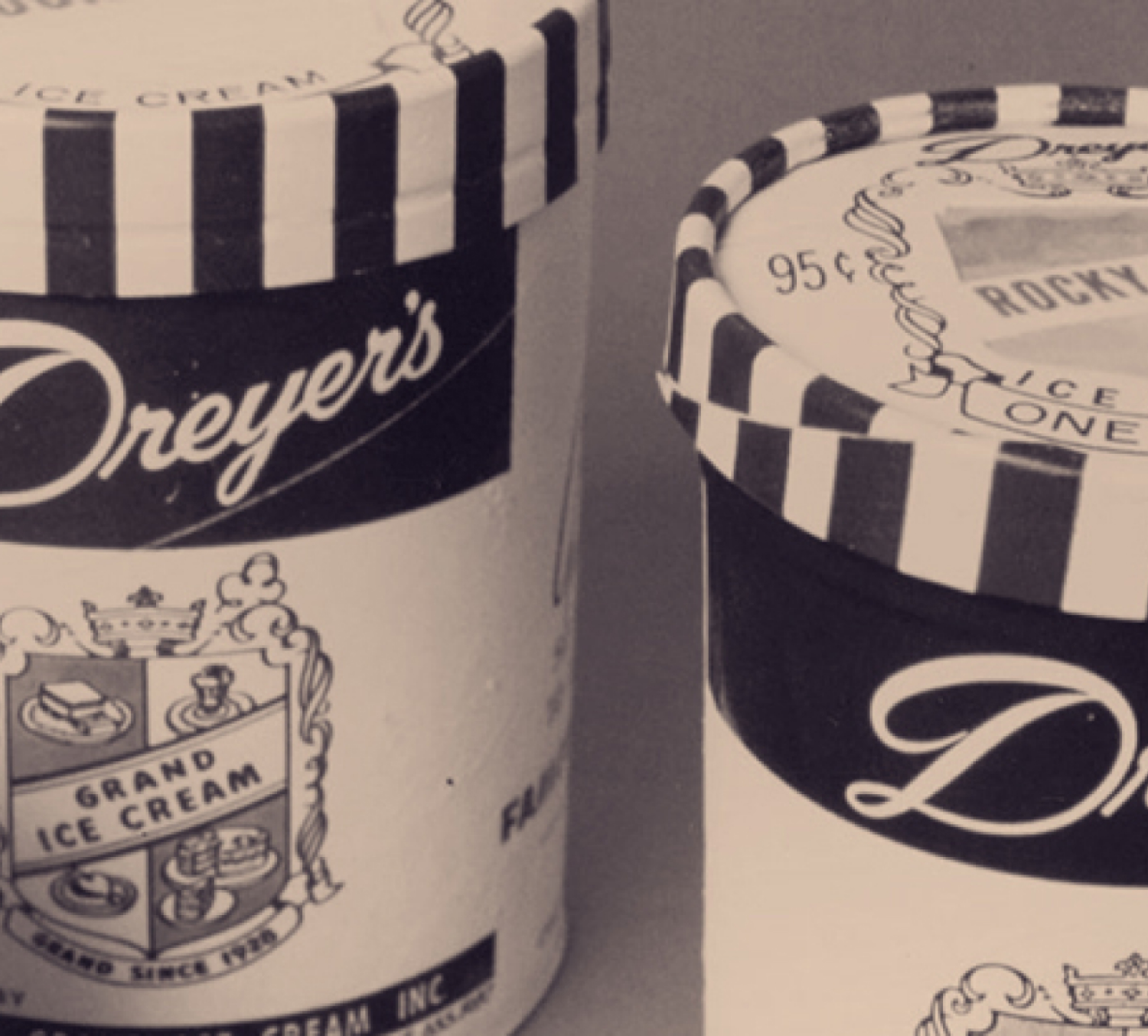 A closeup of vintage cartons of Dreyers ice cream. 