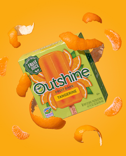 A box of Outshine Tangerine Fruit Bars, surrounded by slices of tangerines.