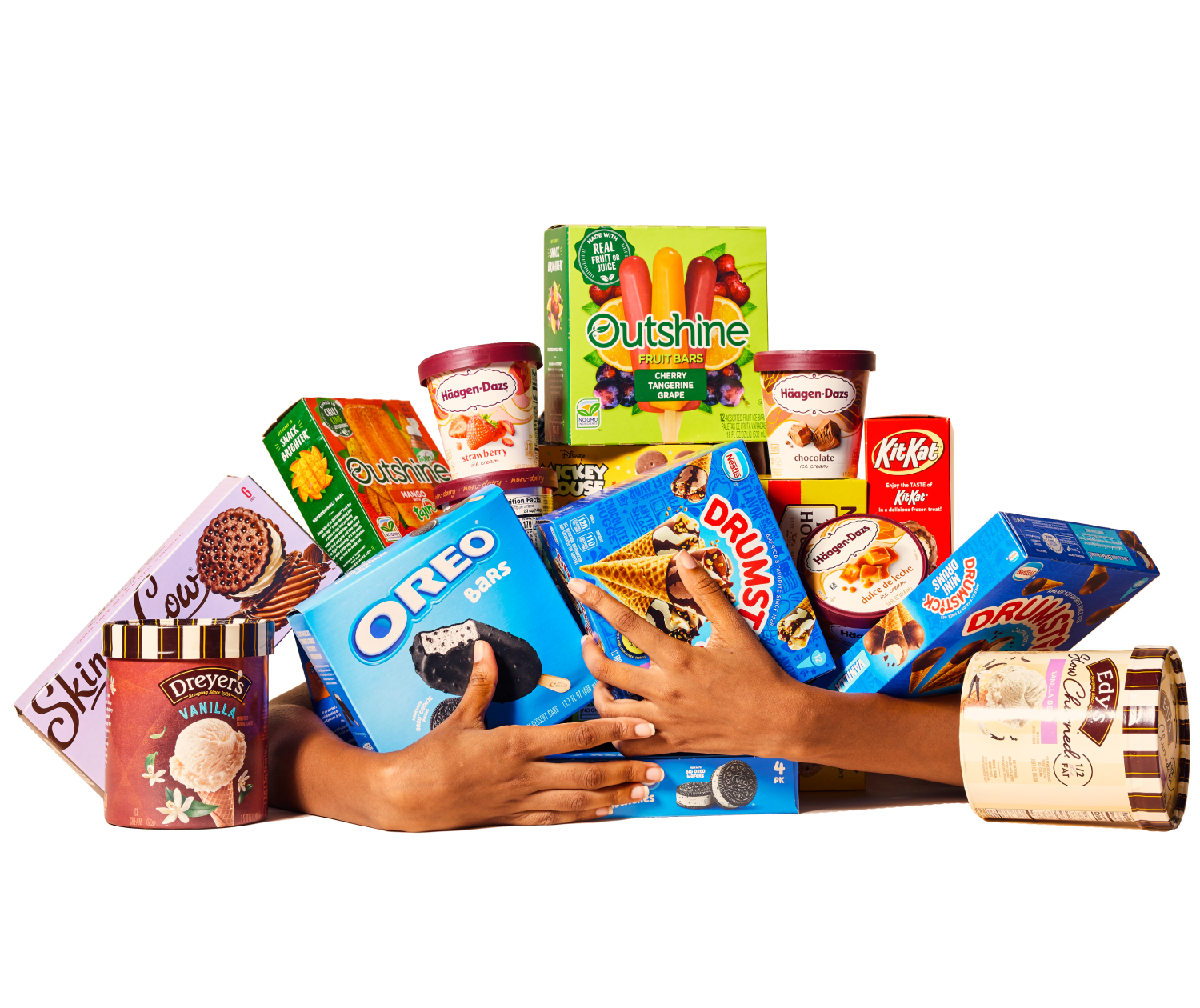 Two arms overflowing with packaged ice cream treats from various brands. 