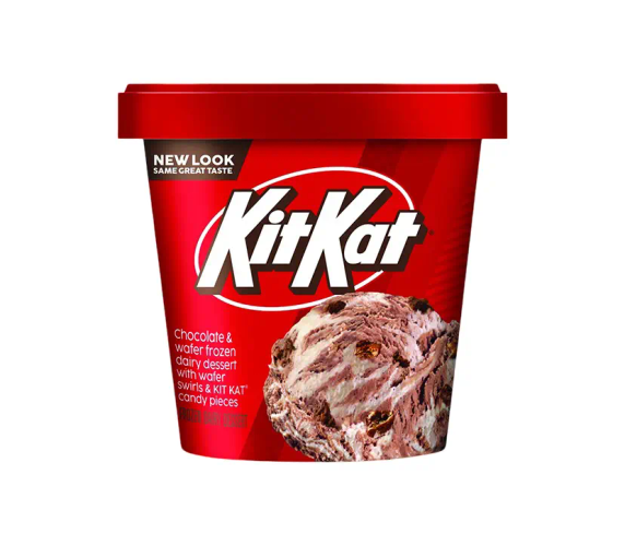 FROZEN DAIRY DESSERT KIT KAT® FROZEN DAIRY DESSERT Chocolate and wafer frozen dairy dessert with a wafer swirl & KIT KAT® candy pieces.