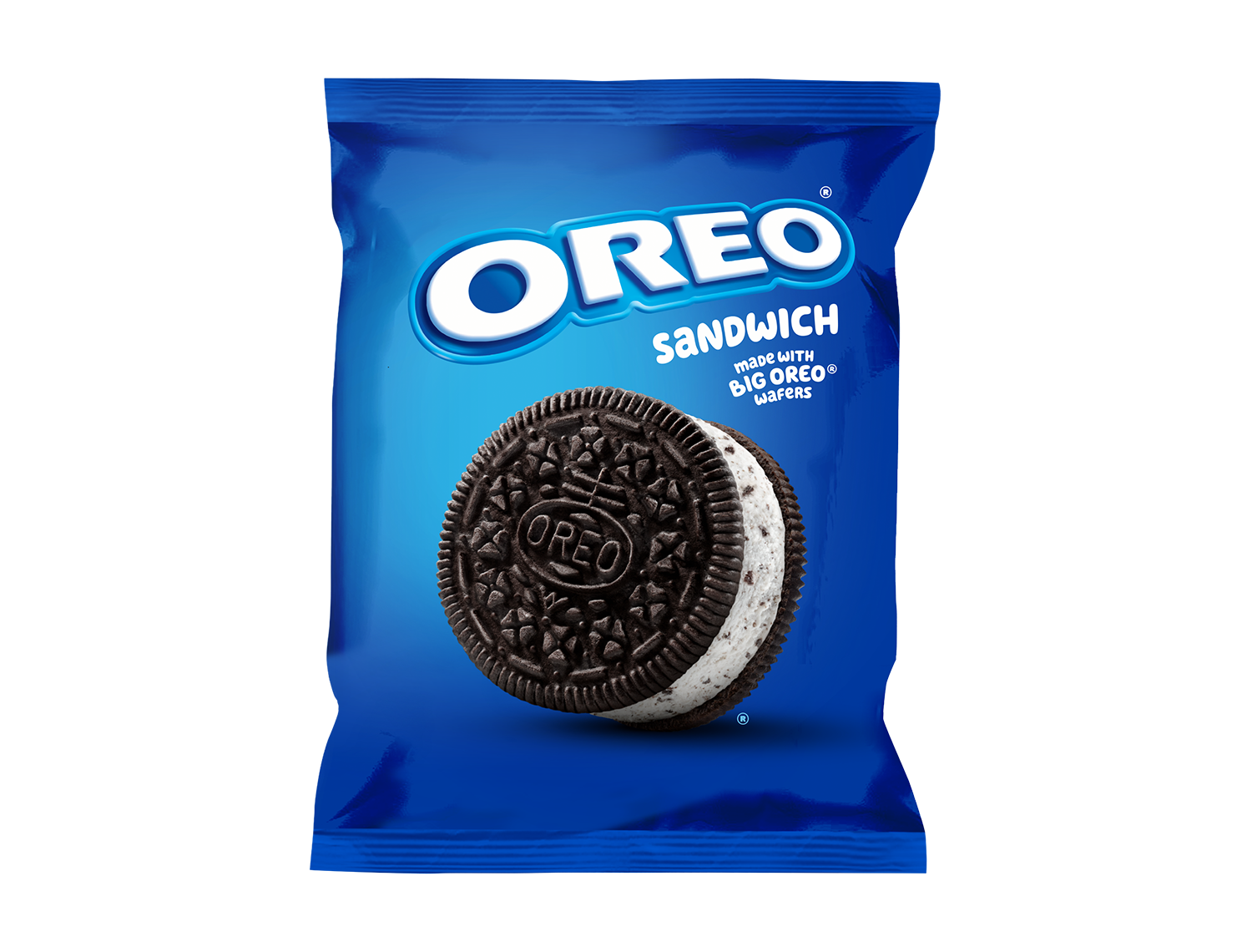 Individually wrapped package of Oreo frozen dairy dessert sandwich.
