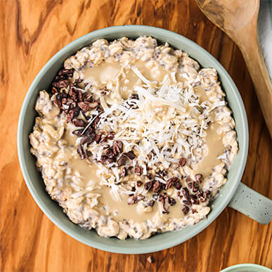 Outshine tahini coconut overnight oats in a mug