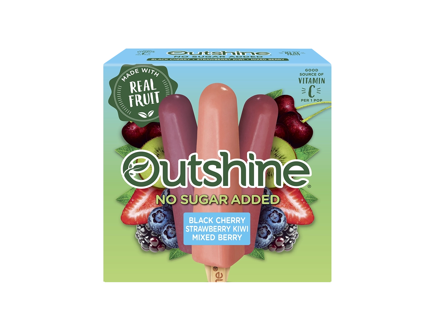 Outshine No Sugar Added Black Cherry, Strawberry Kiwi & Mixed Berry mini fruit pops variety pack.