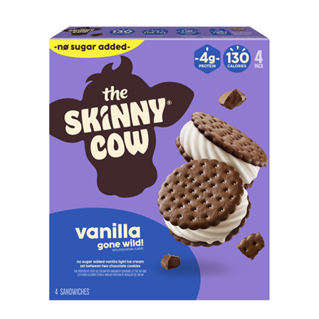 Four pack of Skinny Cow No Sugar Added vanilla gone wild ice cream sandwiches.